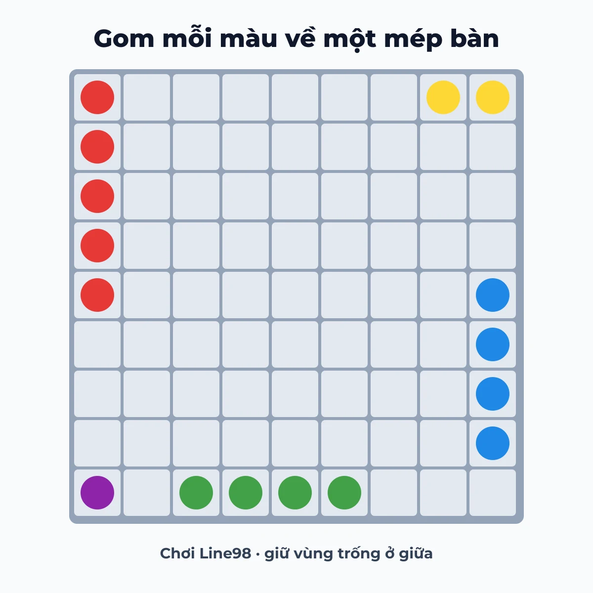 Mẹo xếp bi Line 98: gom mỗi màu về một mép bàn, giữ vùng trống ở giữa